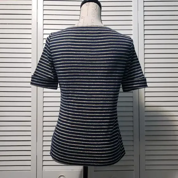 Ralph Lauren Short Sleeve Tee Women's Petite Small Black Gold Striped Knit Top - Picture 5 of 9
